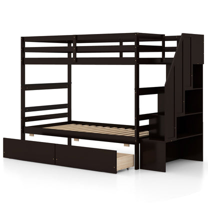Twin Over Twin Bunk Bed with Storage Stairs and Drawers