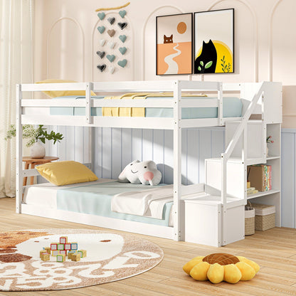 Twin Over Twin Low Bunk Bed with Storage Stairs Solid Wood Floor Bunk Bed Frame