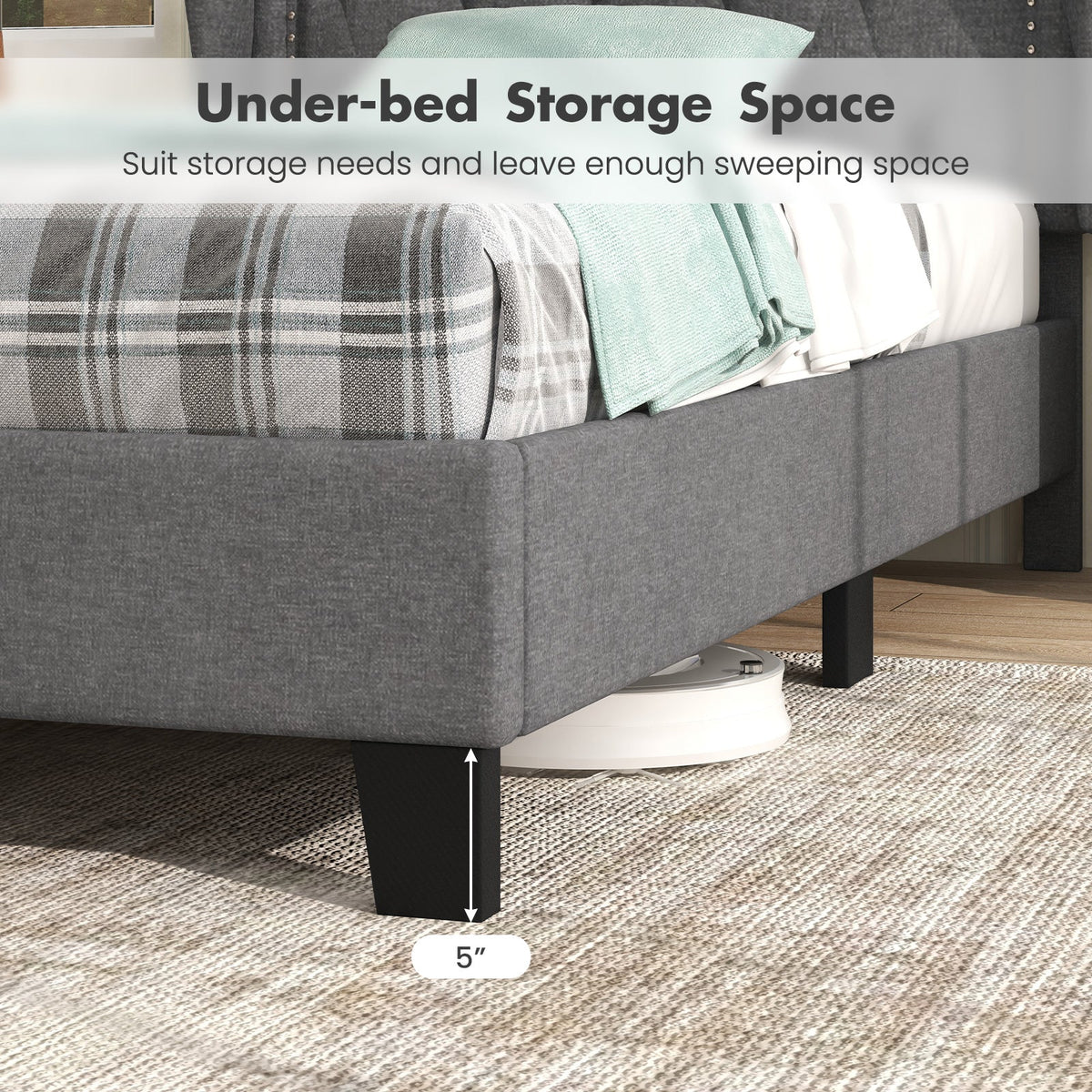 Twin Size Bed Frame with Button Tufted Wingback Headboard and Storage Space-Gray