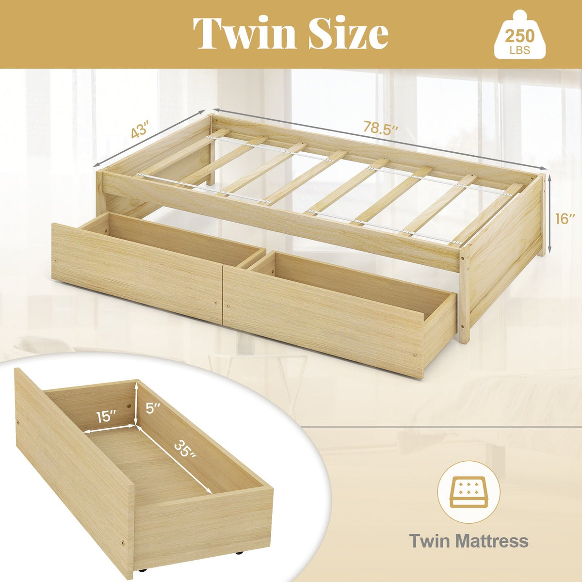 Twin Size Captain Bed with 2 Drawers and Slats Support
