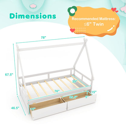 Twin Size House Bed with Roof and Safety Guardrail-White