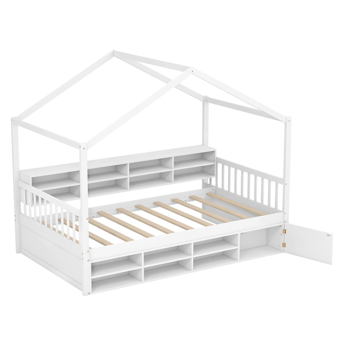 Twin Size House Bed with Roof with 14 Storage Cubes and Enclosed Cabinet