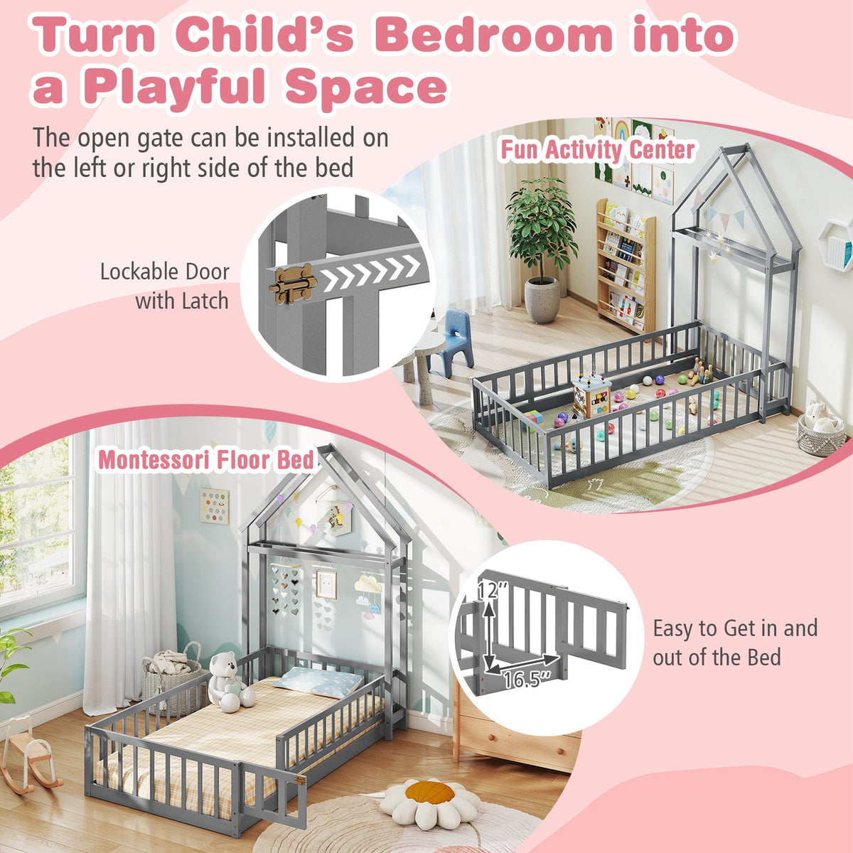 Twin Size House Floor Bed with House-shaped Headboard