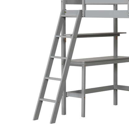 Twin Size Loft Bed with Desk and Bookshelves for Kids and Teens