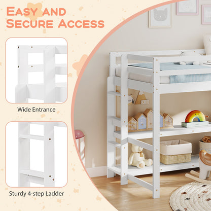 Twin Size Loft Bed with Storage Shelves Full-length Guardrails and Ladder-White