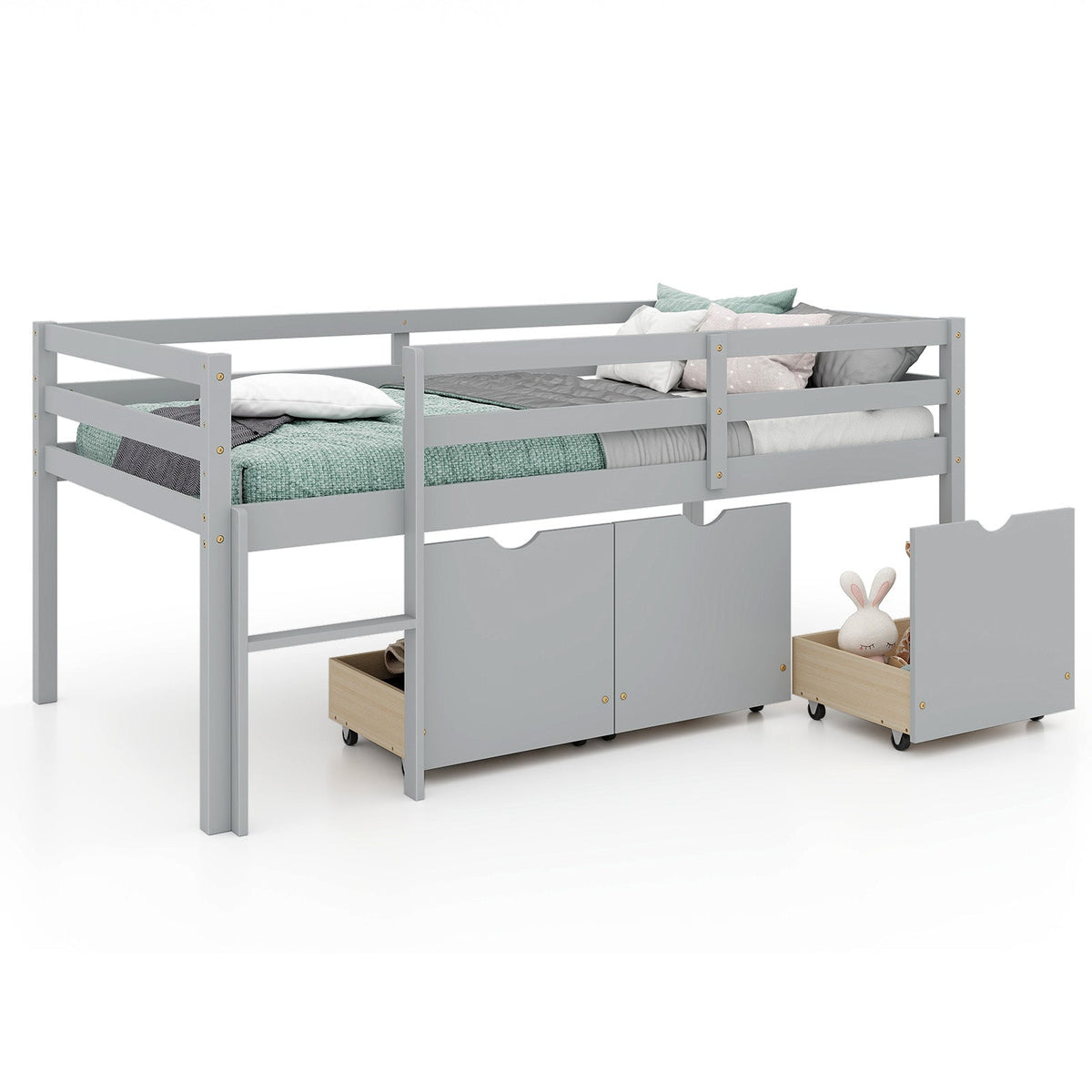 Twin Size Low Loft Bed with 3 Drawers with Ladder and Full-length Guardrails
