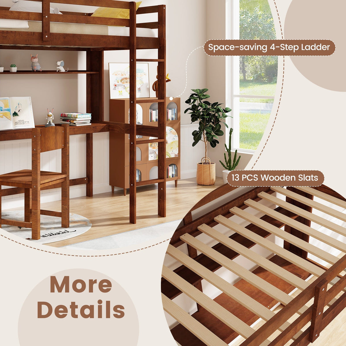 Twin Size Solid Wood Slatted Loft Bed Frame with Safety Guardrail for Kid