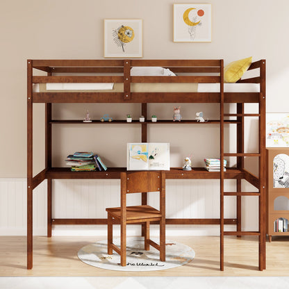 Twin Size Solid Wood Slatted Loft Bed Frame with Safety Guardrail for Kid