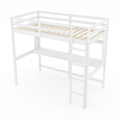 Twin Size Solid Wood Slatted Loft Bed Frame with Safety Guardrail for Kid