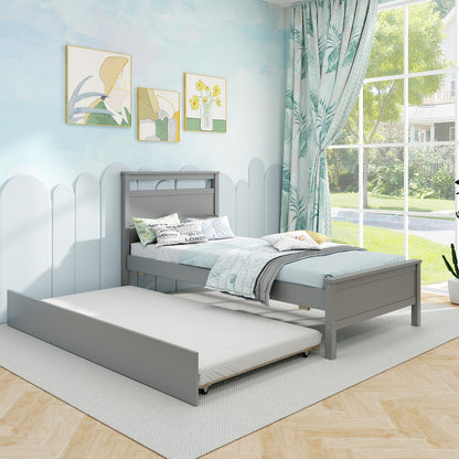 Twin Size Wooden Bed Frame with Trundle for Teens and Adults