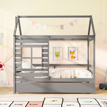 Twin Size Wooden Platform House Bed with Trundle and Roof