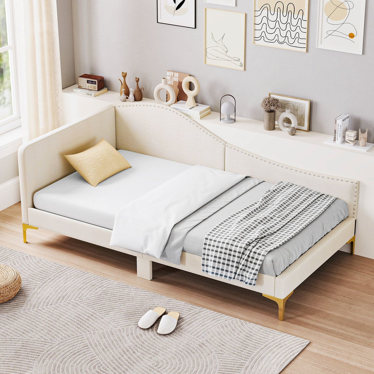 Full/Twin Size Upholstered Daybed with Metal Legs and Wood Slats