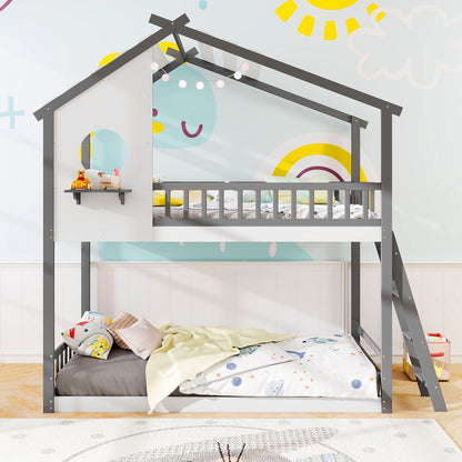 Twin over Twin House Bunk Bed with Roof and Guardrails for Kids-White & Gray
