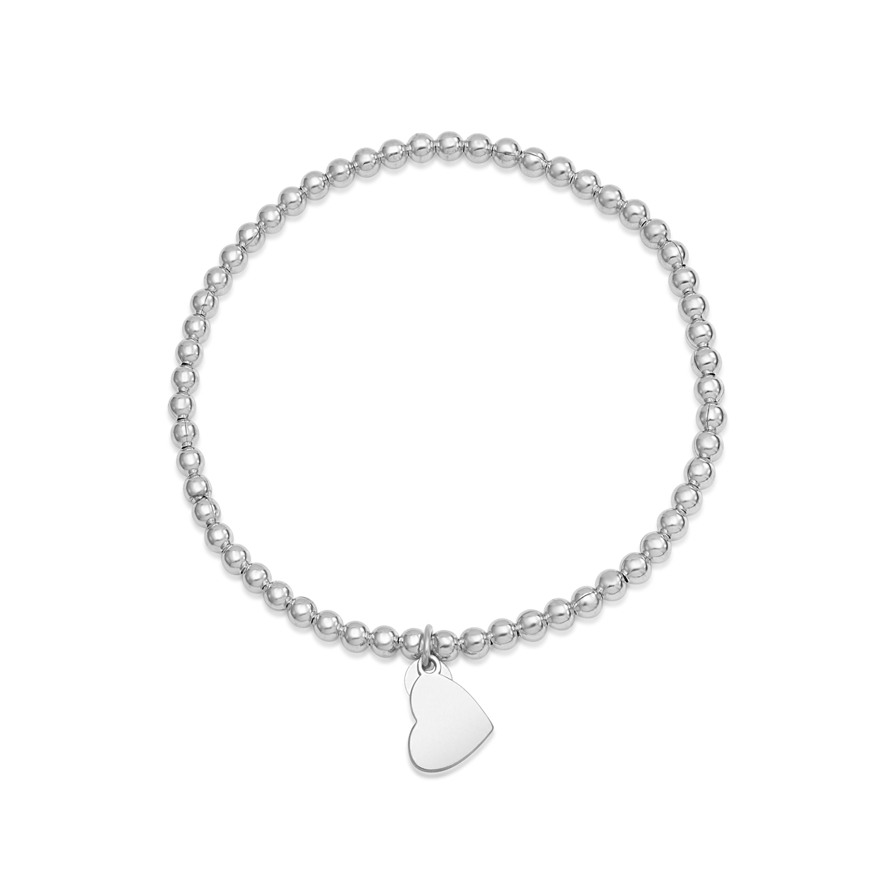 Sterling Silver 925 Polished Bead Stretch Bracelet with Heart Accent Charm