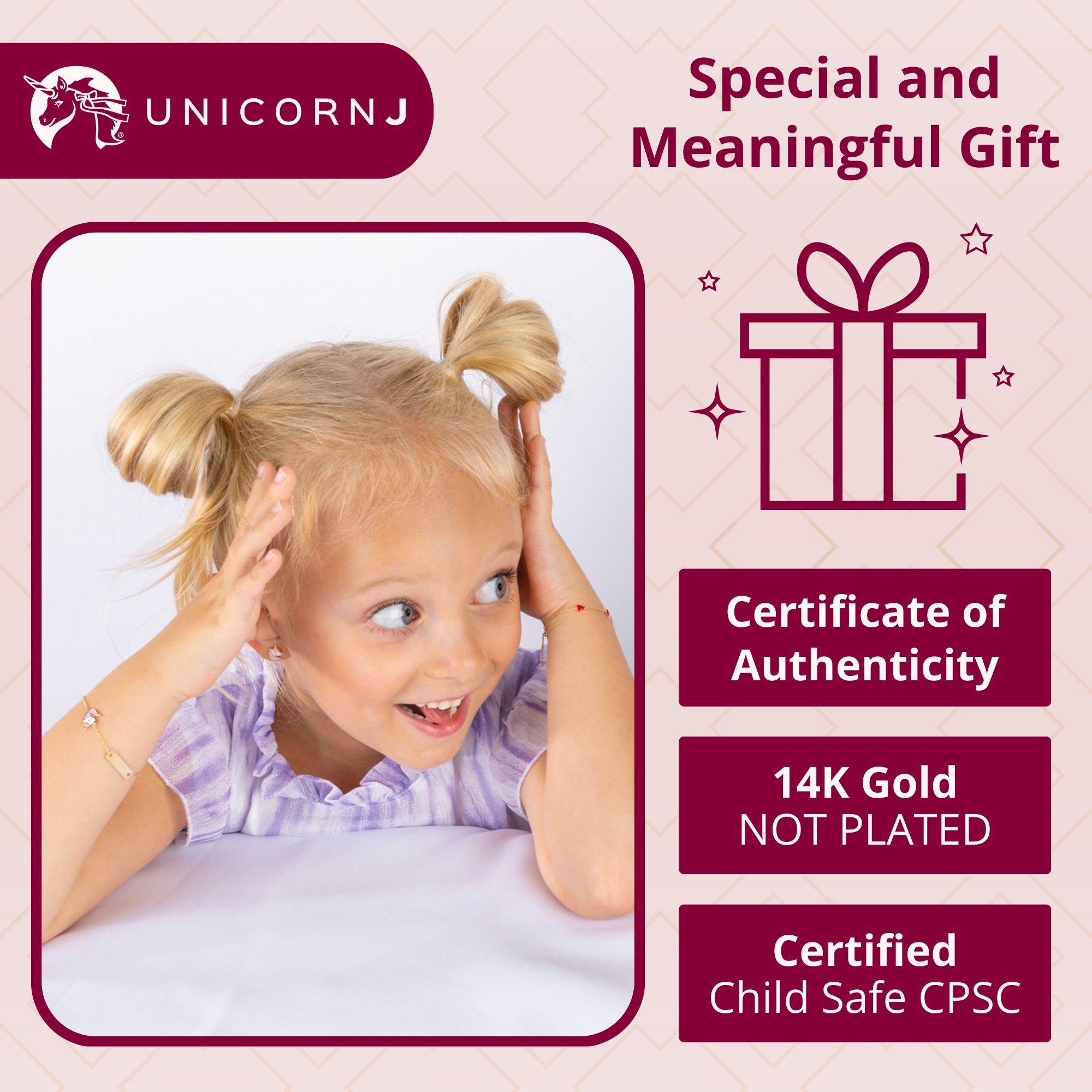 14K Yellow Gold Kids Girls ID Bracelet Cute Unicorn Charm with Pink Enamel Italy