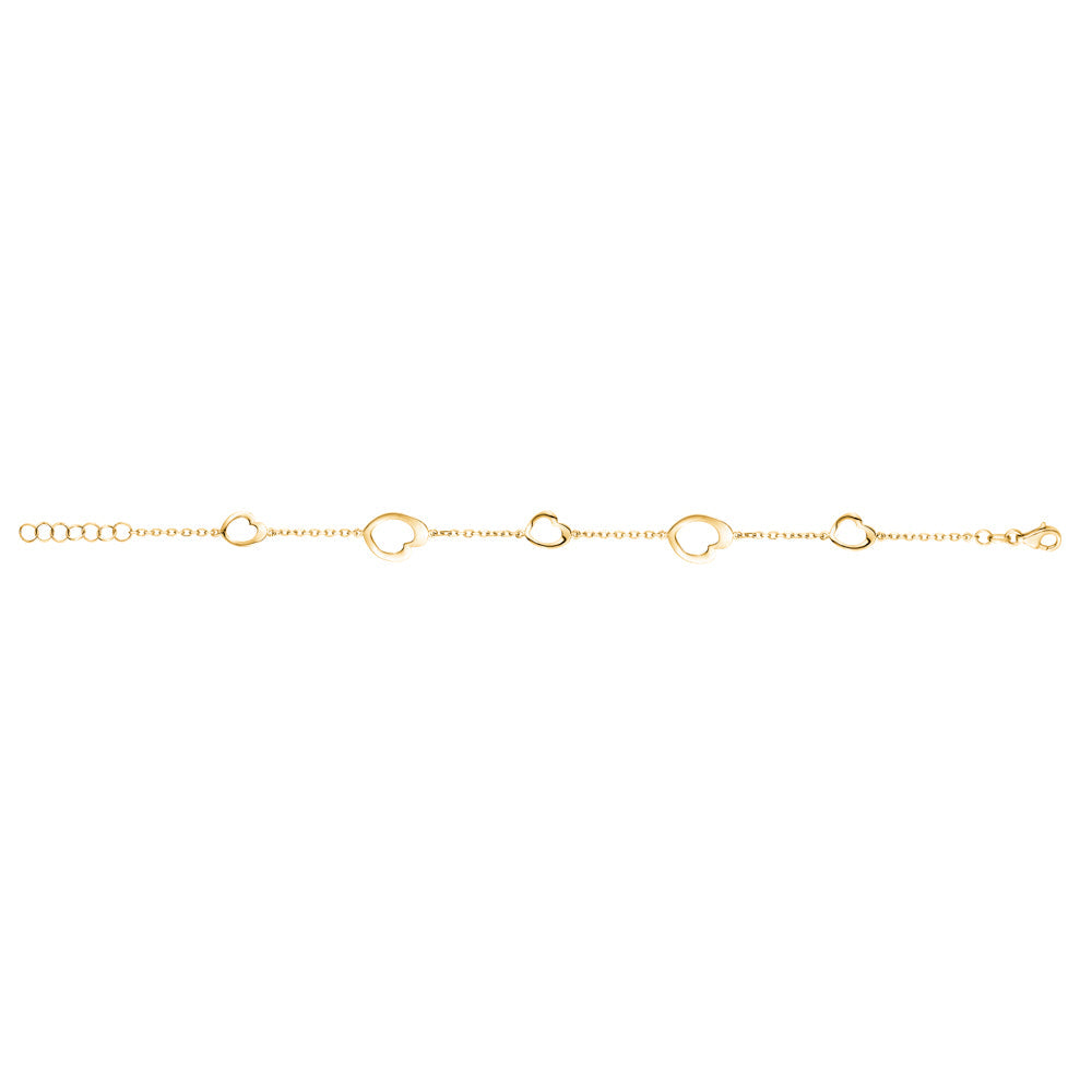 14K Yellow Gold Asymmetrical Hearts Bracelet Polished Open Small Large in Line Italy 7"