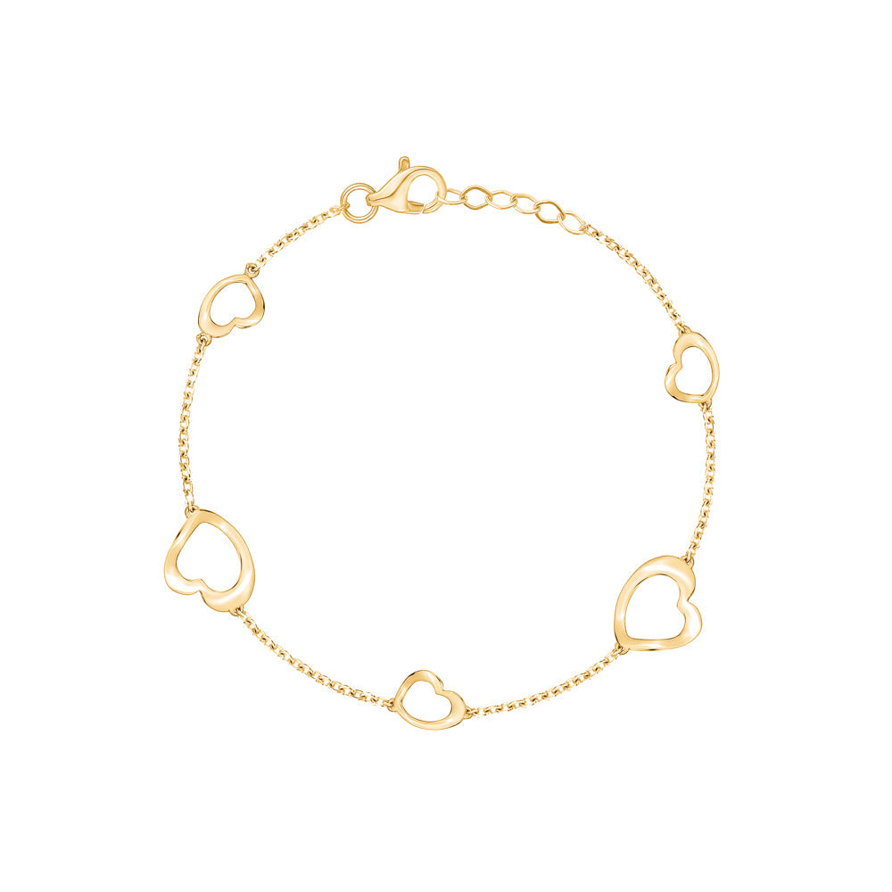 14K Yellow Gold Asymmetrical Hearts Bracelet Polished Open Small Large in Line Italy 7"