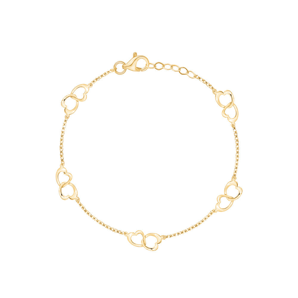 14K Yellow Gold Asymmetrical Hearts Bracelet Polished Open Linked Italy 7"