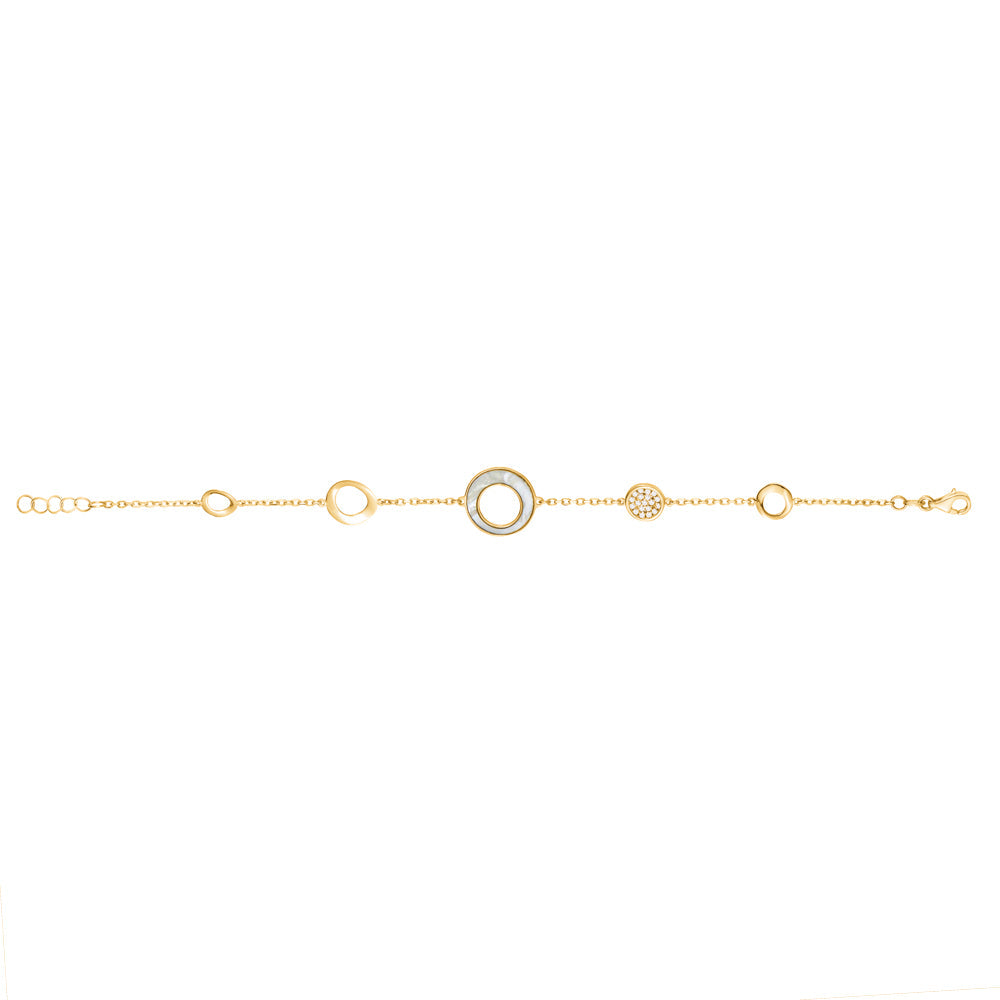 14K Yelow Gold Round Circle Disc Bracelet with Mother of Pearl and Simulated Diamonds Italy 7"