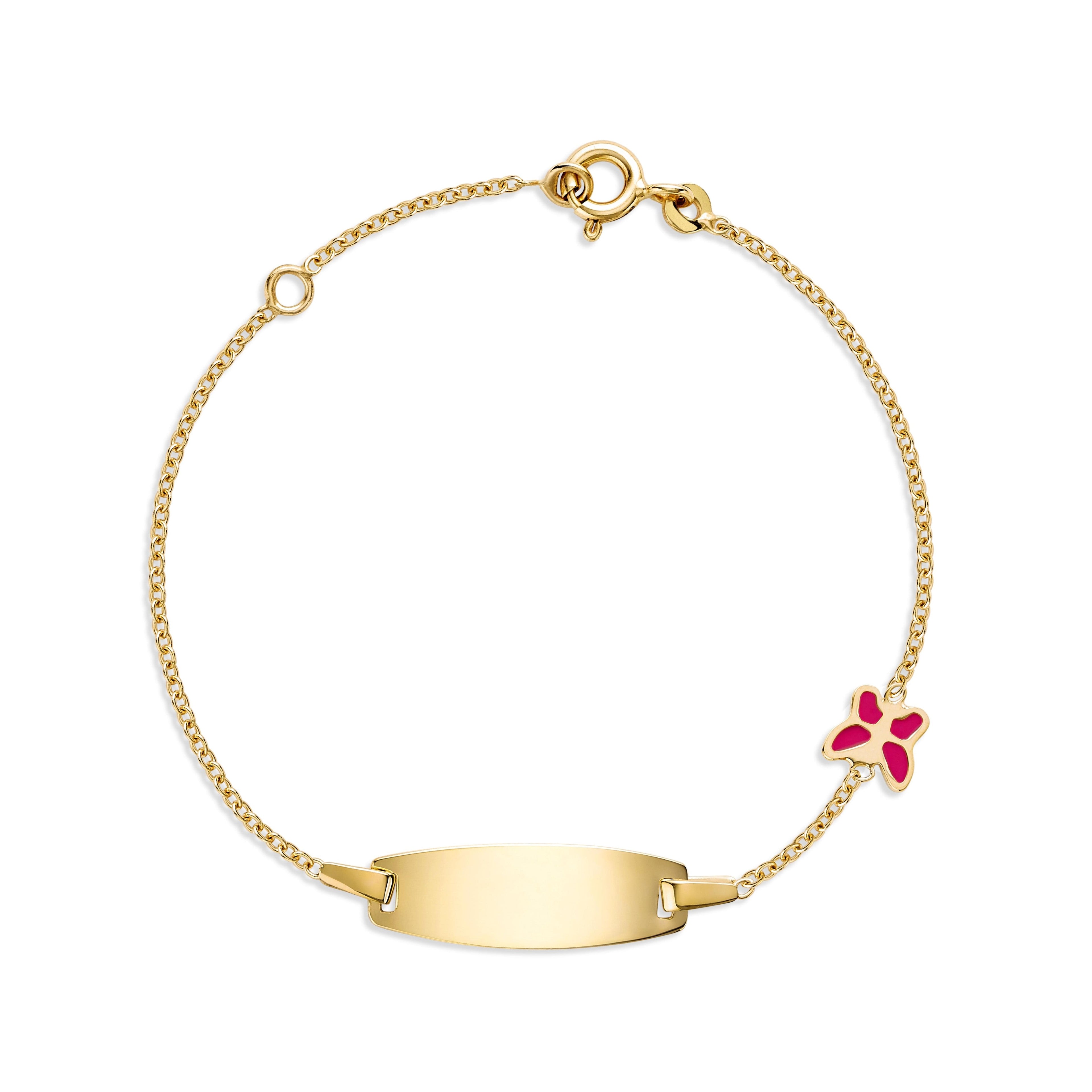 UNICORNJ 14k Yellow Gold Girls ID Bracelet Engravable with Enamel Charm for Girls Kids Toddler Baby Made in Italy 5.5"