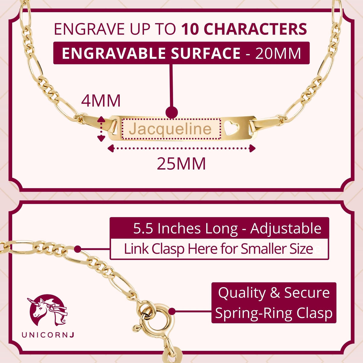 UNICORNJ 14k Yellow Gold Girls ID Bracelet Engravable with Heart Cutout for Girls Kids Toddler Baby Figaro Chain 3+1 Links Made in Italy 5.5"