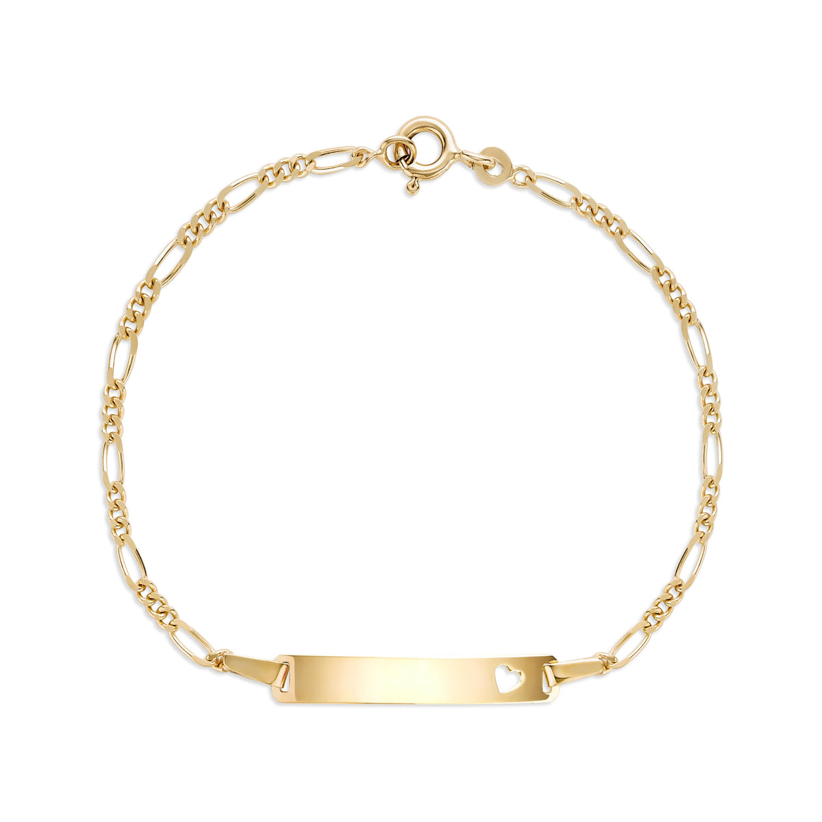 UNICORNJ 14k Yellow Gold Girls ID Bracelet Engravable with Heart Cutout for Girls Kids Toddler Baby Figaro Chain 3+1 Links Made in Italy 5.5"