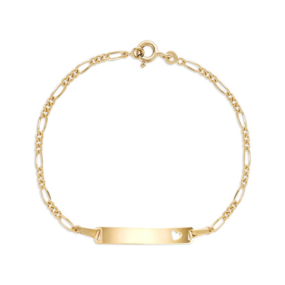 UNICORNJ 14k Yellow Gold Girls ID Bracelet Engravable with Heart Cutout for Girls Kids Toddler Baby Figaro Chain 3+1 Links Made in Italy 5.5"