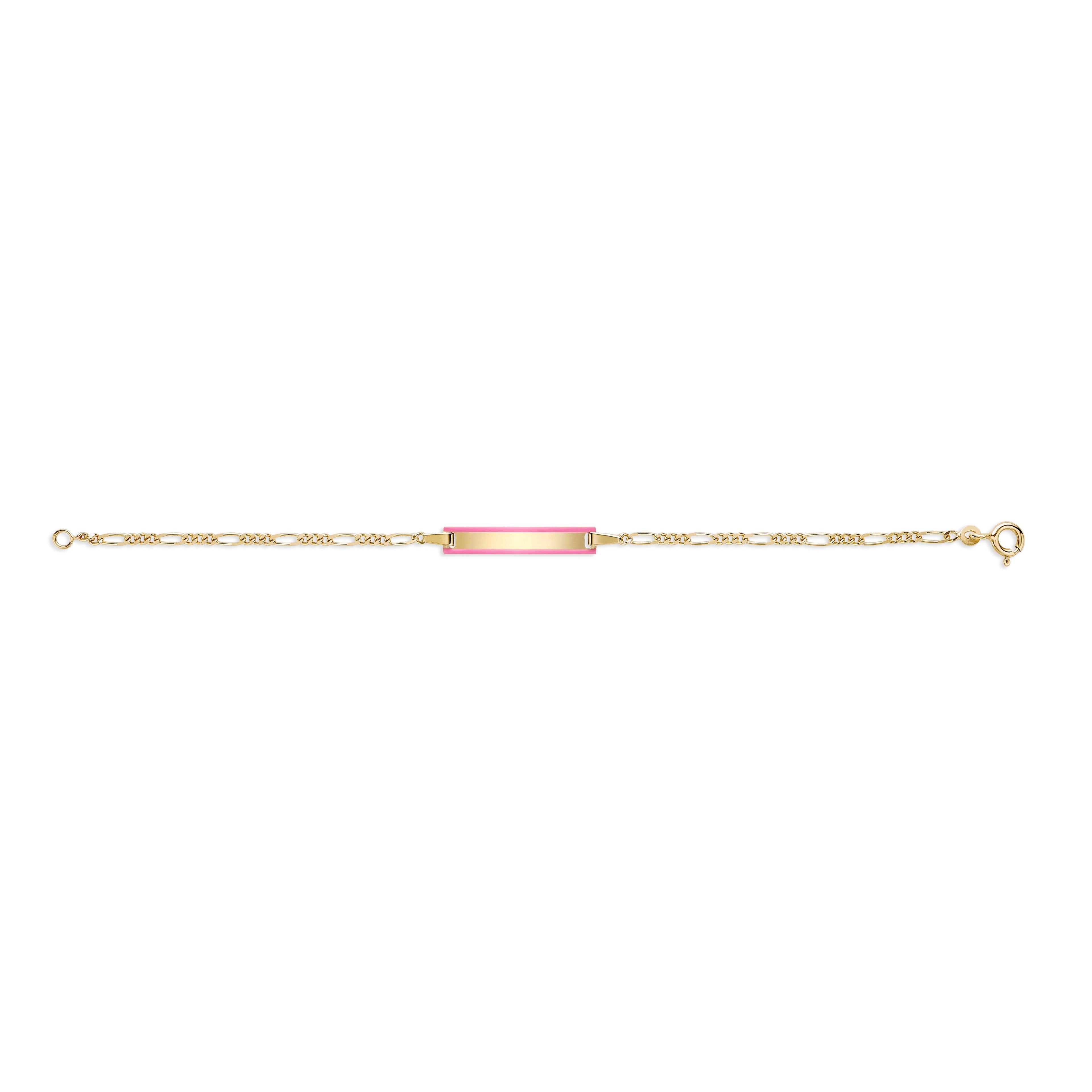 UNICORNJ 14k Yellow Gold Girls ID Bracelet Engravable with Pink Enamel Outline for Girls Kids Toddler Baby Figaro Chain 3+1 Links Made in Italy 5.5"
