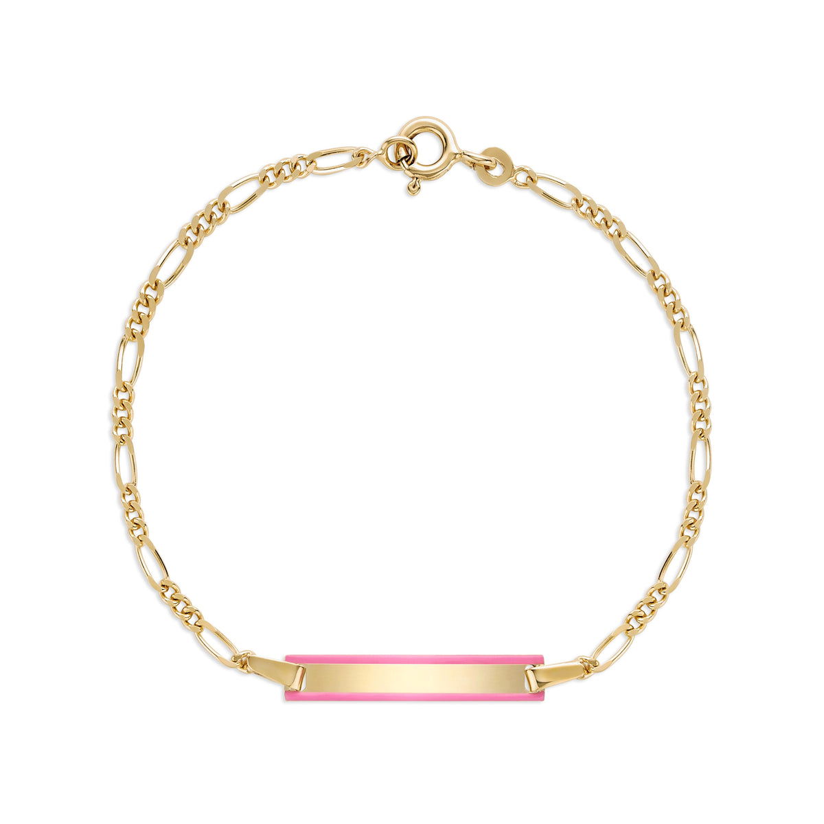 UNICORNJ 14k Yellow Gold Girls ID Bracelet Engravable with Pink Enamel Outline for Girls Kids Toddler Baby Figaro Chain 3+1 Links Made in Italy 5.5"