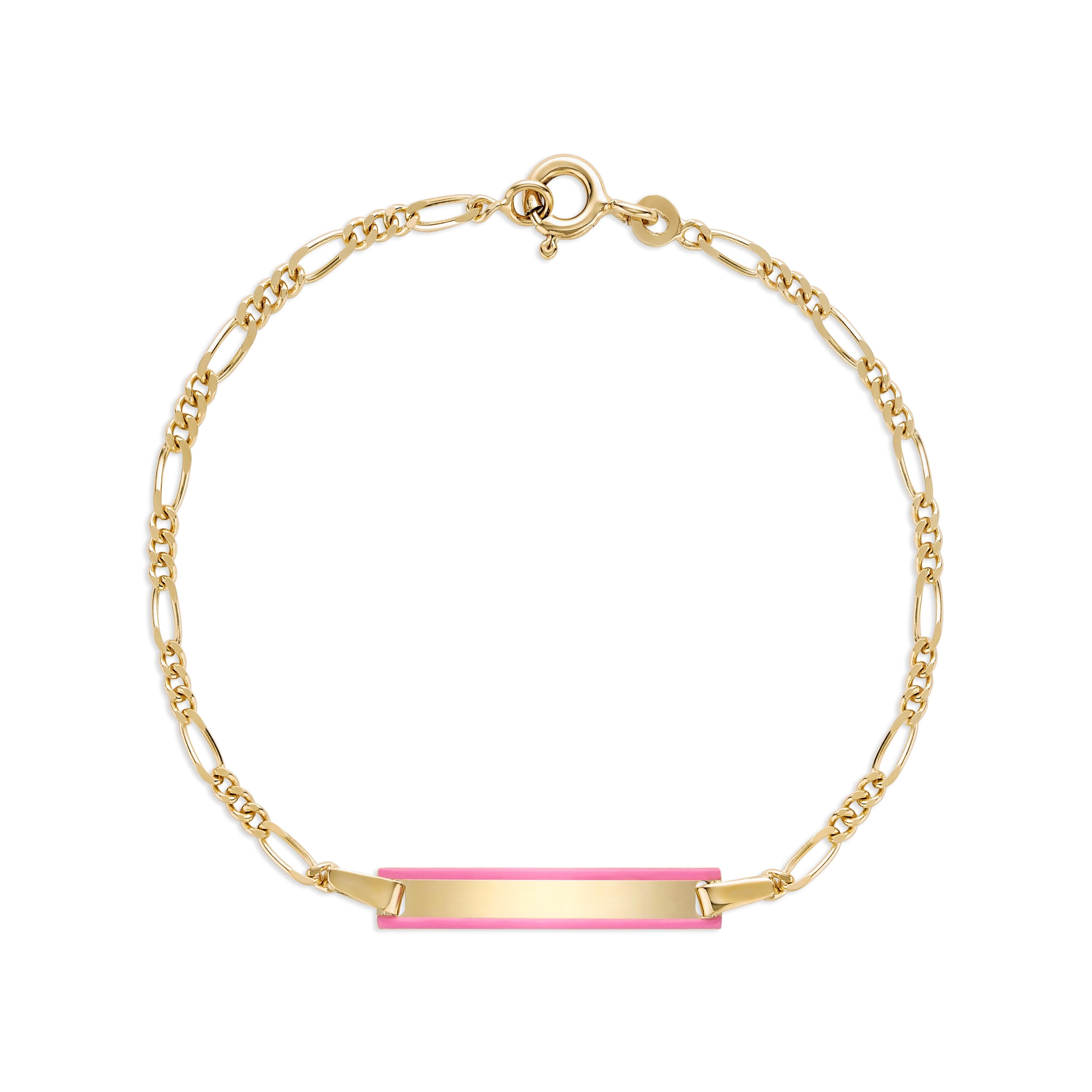 UNICORNJ 14k Yellow Gold Girls ID Bracelet Engravable with Pink Enamel Outline for Girls Kids Toddler Baby Figaro Chain 3+1 Links Made in Italy 5.5"