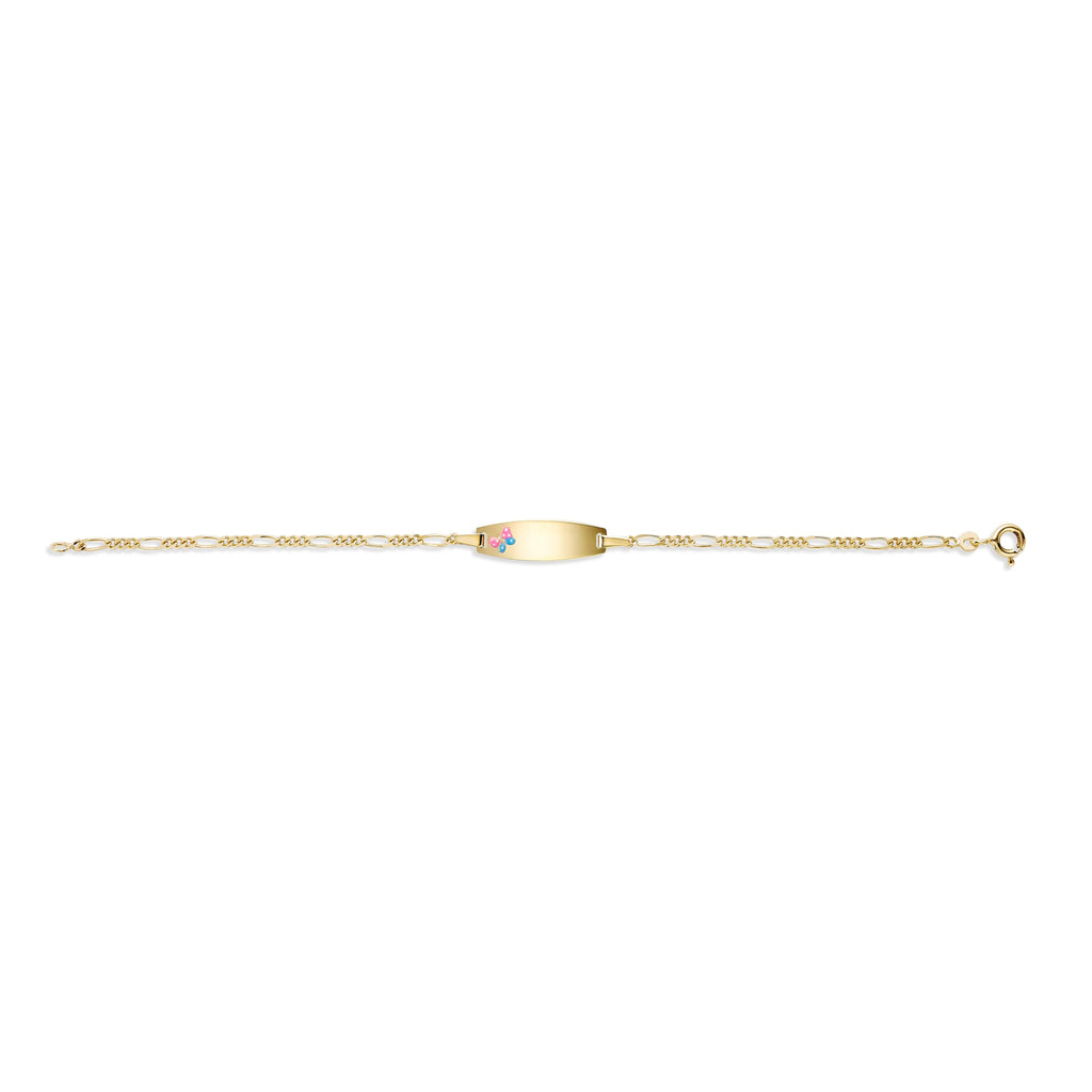 UNICORNJ 14k Yellow Gold Girls ID Bracelet Engravable with Pink and Blue Enamel Butterfly on ID Plate for Girls Kids Toddler Baby Figaro Chain 3+1 Links Made in Italy 5.5"