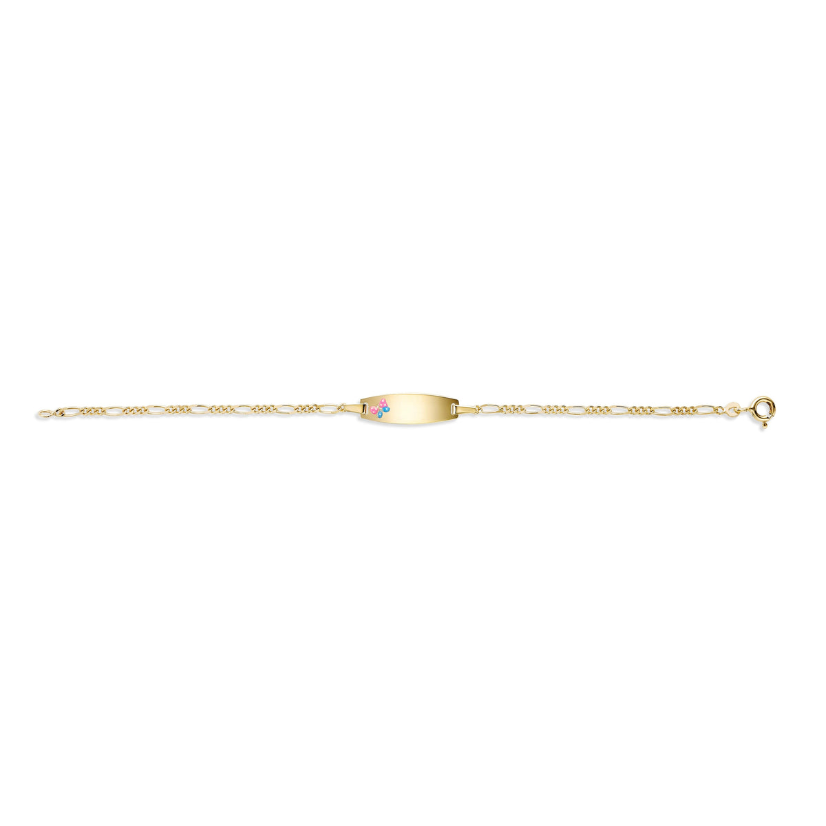 UNICORNJ 14k Yellow Gold Girls ID Bracelet Engravable with Pink and Blue Enamel Butterfly on ID Plate for Girls Kids Toddler Baby Figaro Chain 3+1 Links Made in Italy 5.5"