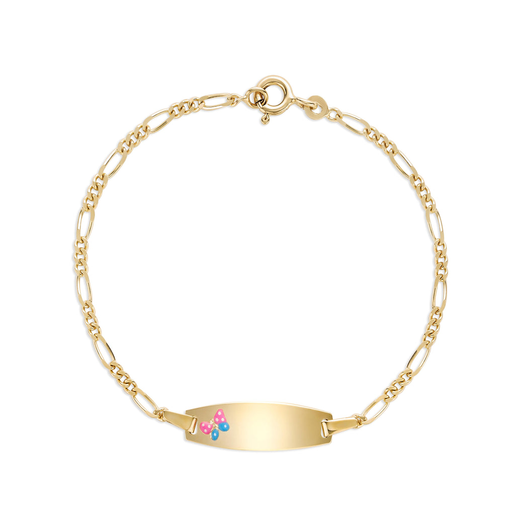 UNICORNJ 14k Yellow Gold Girls ID Bracelet Engravable with Pink and Blue Enamel Butterfly on ID Plate for Girls Kids Toddler Baby Figaro Chain 3+1 Links Made in Italy 5.5"