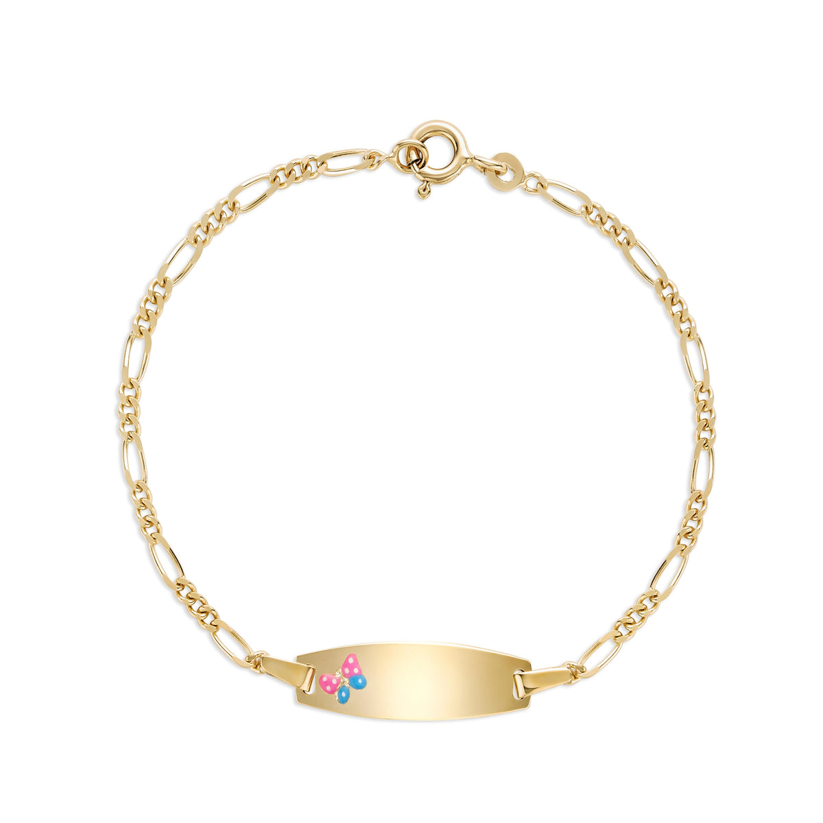UNICORNJ 14k Yellow Gold Girls ID Bracelet Engravable with Pink and Blue Enamel Butterfly on ID Plate for Girls Kids Toddler Baby Figaro Chain 3+1 Links Made in Italy 5.5"
