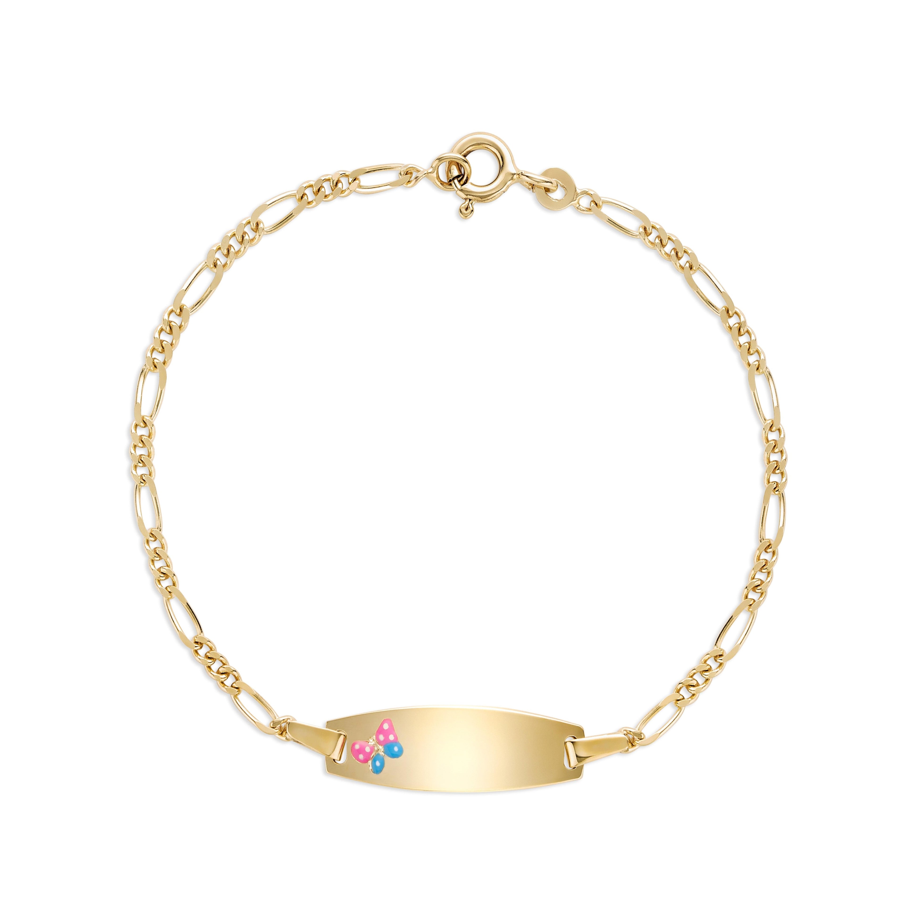 UNICORNJ 14k Yellow Gold Girls ID Bracelet Engravable with Pink and Blue Enamel Butterfly on ID Plate for Girls Kids Toddler Baby Figaro Chain 3+1 Links Made in Italy 5.5"