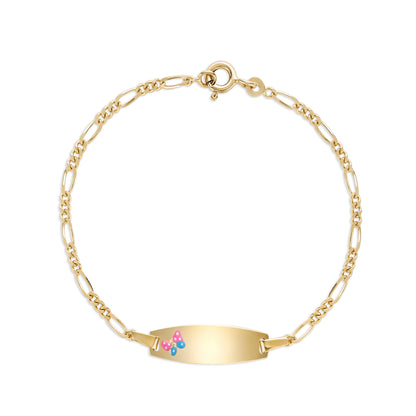 UNICORNJ 14k Yellow Gold Girls ID Bracelet Engravable with Pink and Blue Enamel Butterfly on ID Plate for Girls Kids Toddler Baby Figaro Chain 3+1 Links Made in Italy 5.5"