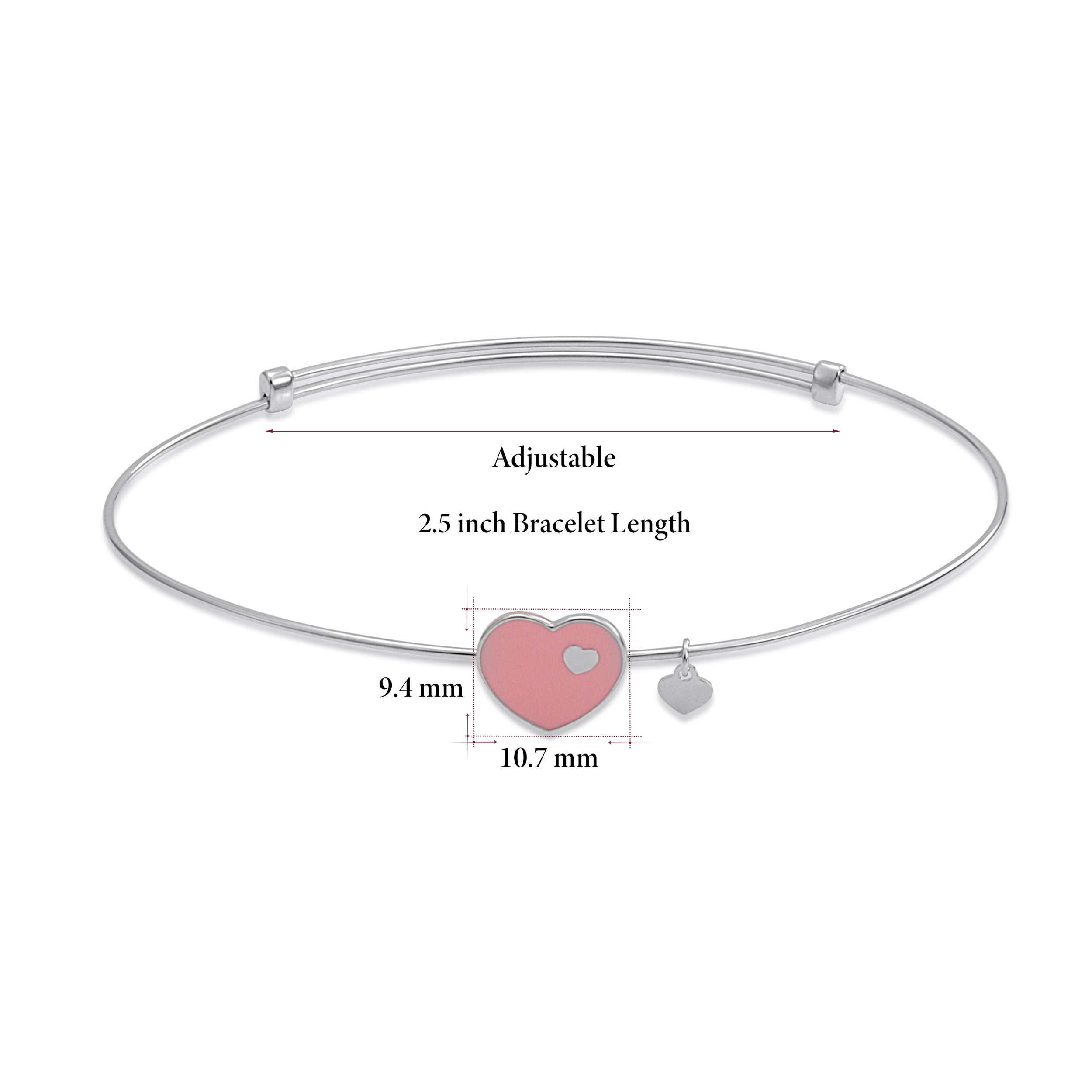 UNICORNJ 14K White Gold Adjustable Bangle Bracelet with Light Pink or Light Blue Enamel Heart Accent 7" Italy