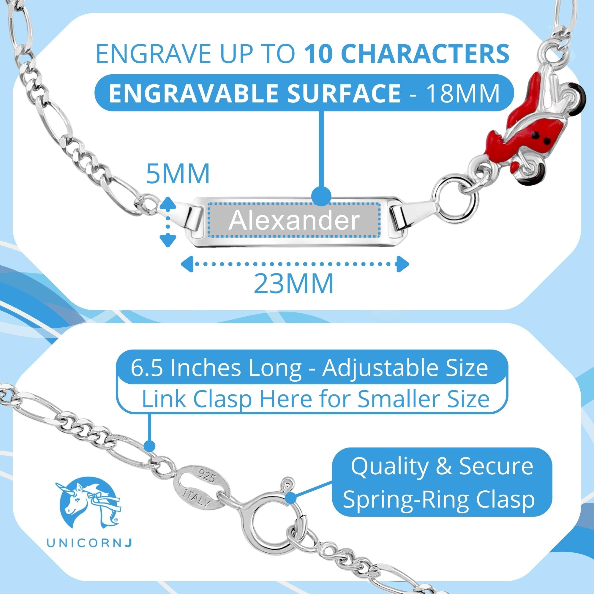 UNICORNJ Sterling Silver 925 Engravable ID Bracelet Figaro Chain for Boys Girls with Enamel Charm 6.5"