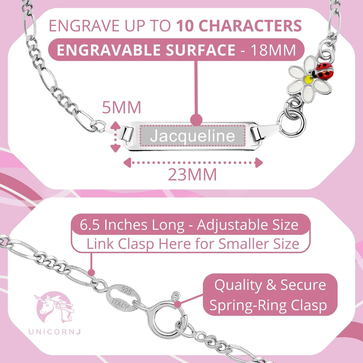 UNICORNJ Sterling Silver 925 Childrens Bracelet with Enamel Charm Italy
