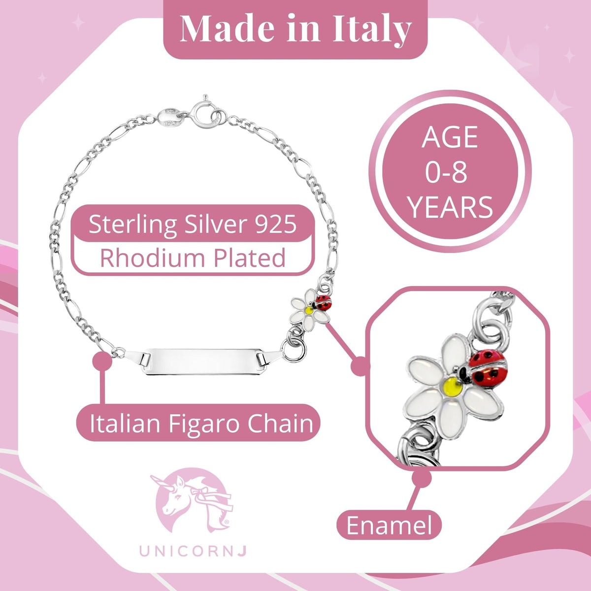 UNICORNJ Sterling Silver 925 Childrens Bracelet with Enamel Charm Italy