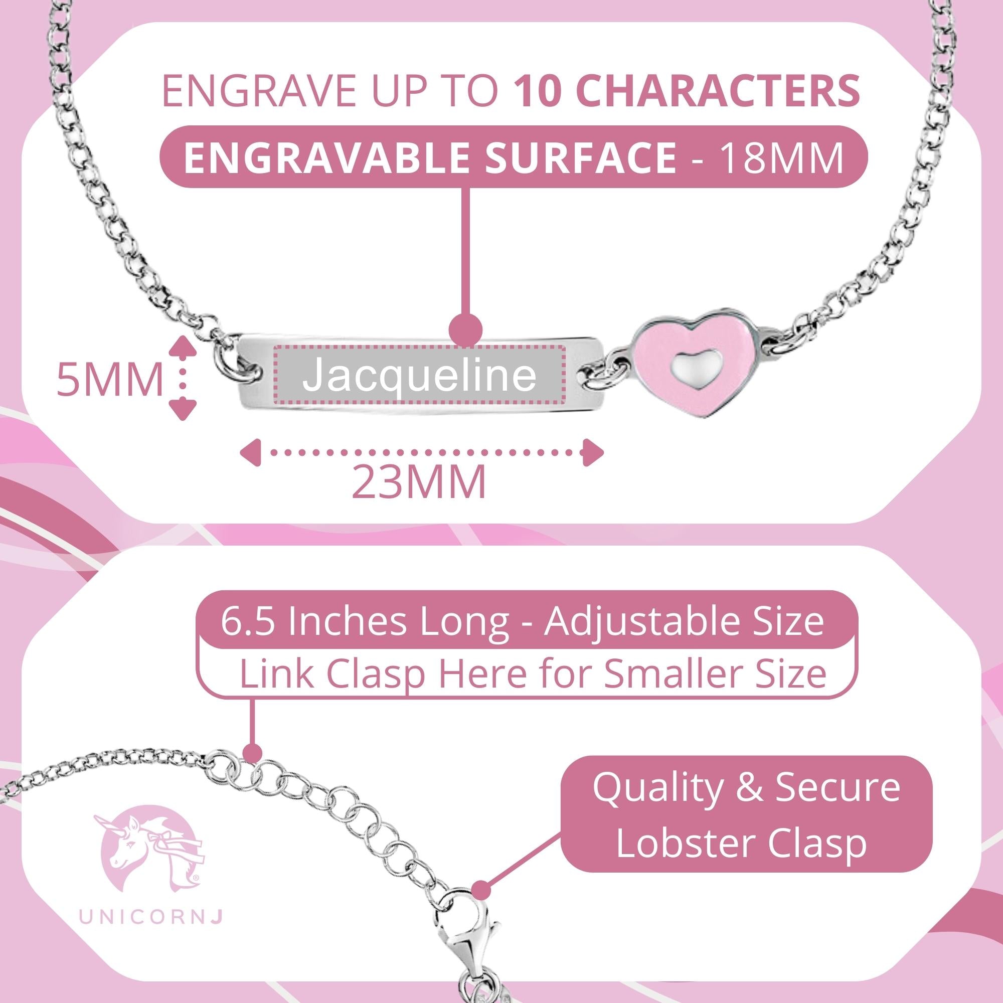 UNICORNJ Sterling Silver 925 Engravable ID Bracelet Rolo Chain for Girls Boys with Enamel 6.5"