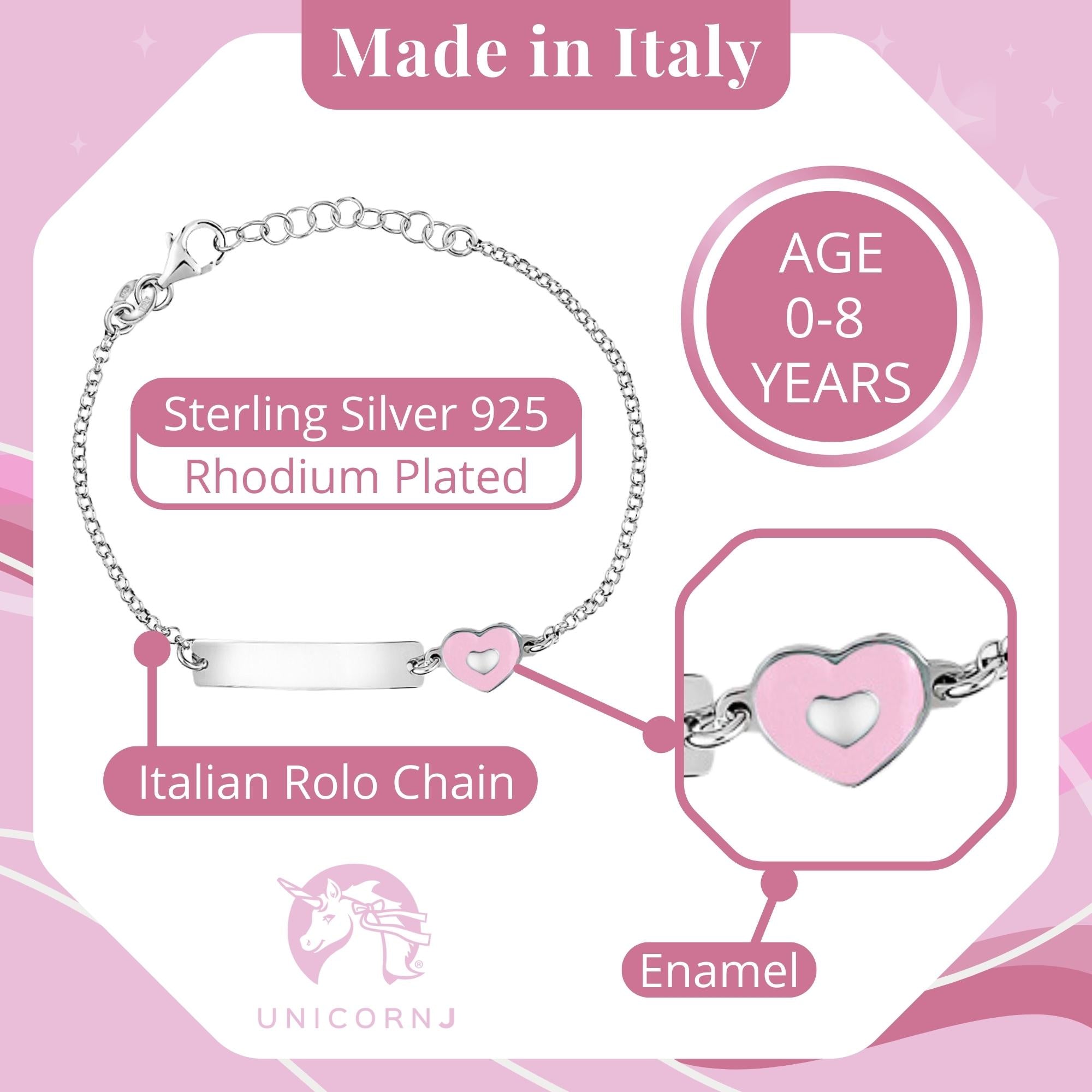 UNICORNJ Sterling Silver 925 Engravable ID Bracelet Rolo Chain for Girls Boys with Enamel 6.5"