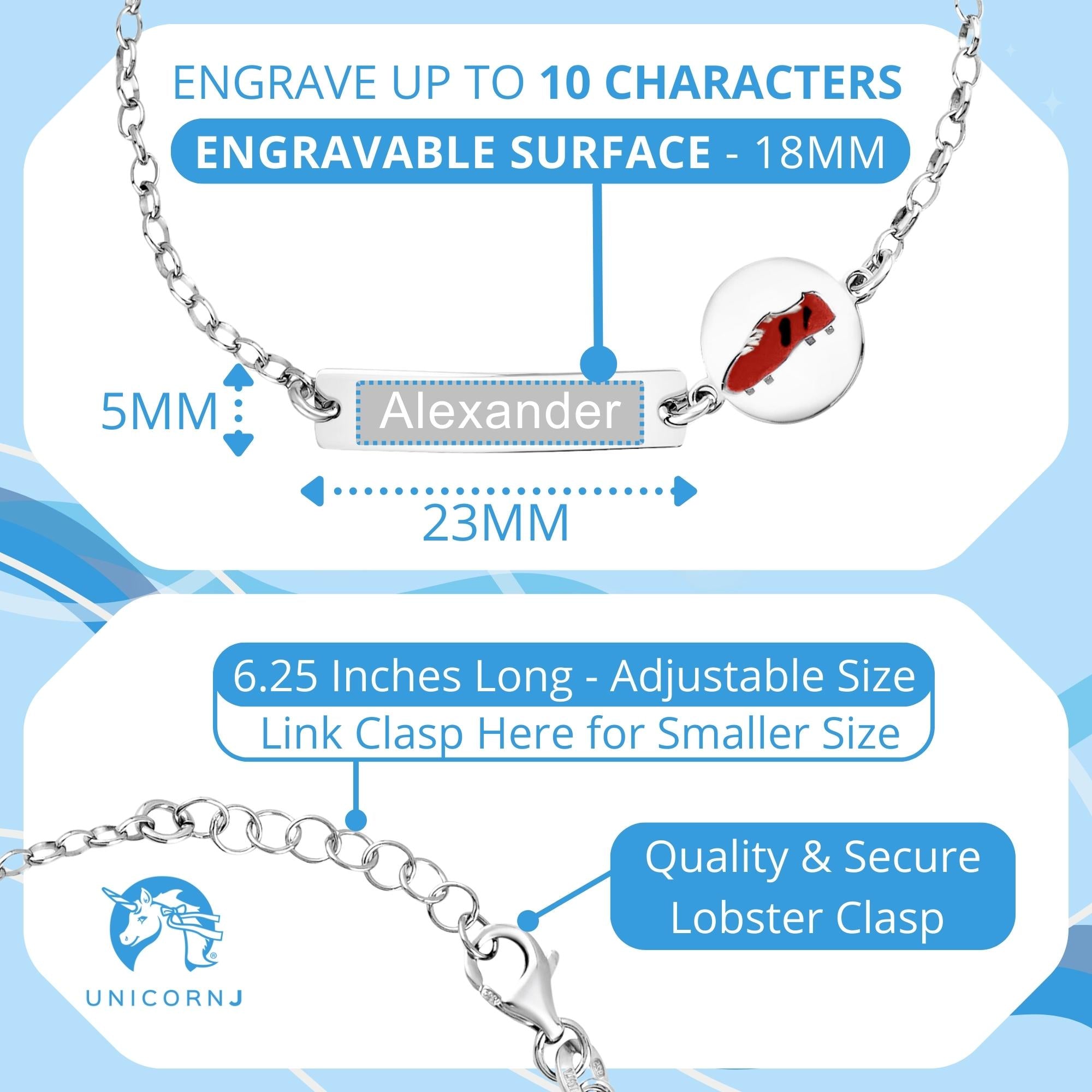 UNICORNJ Sterling Silver 925 Engravable ID Bracelet for Boys Girls Sports Enamel Rolo Chain 6.5"