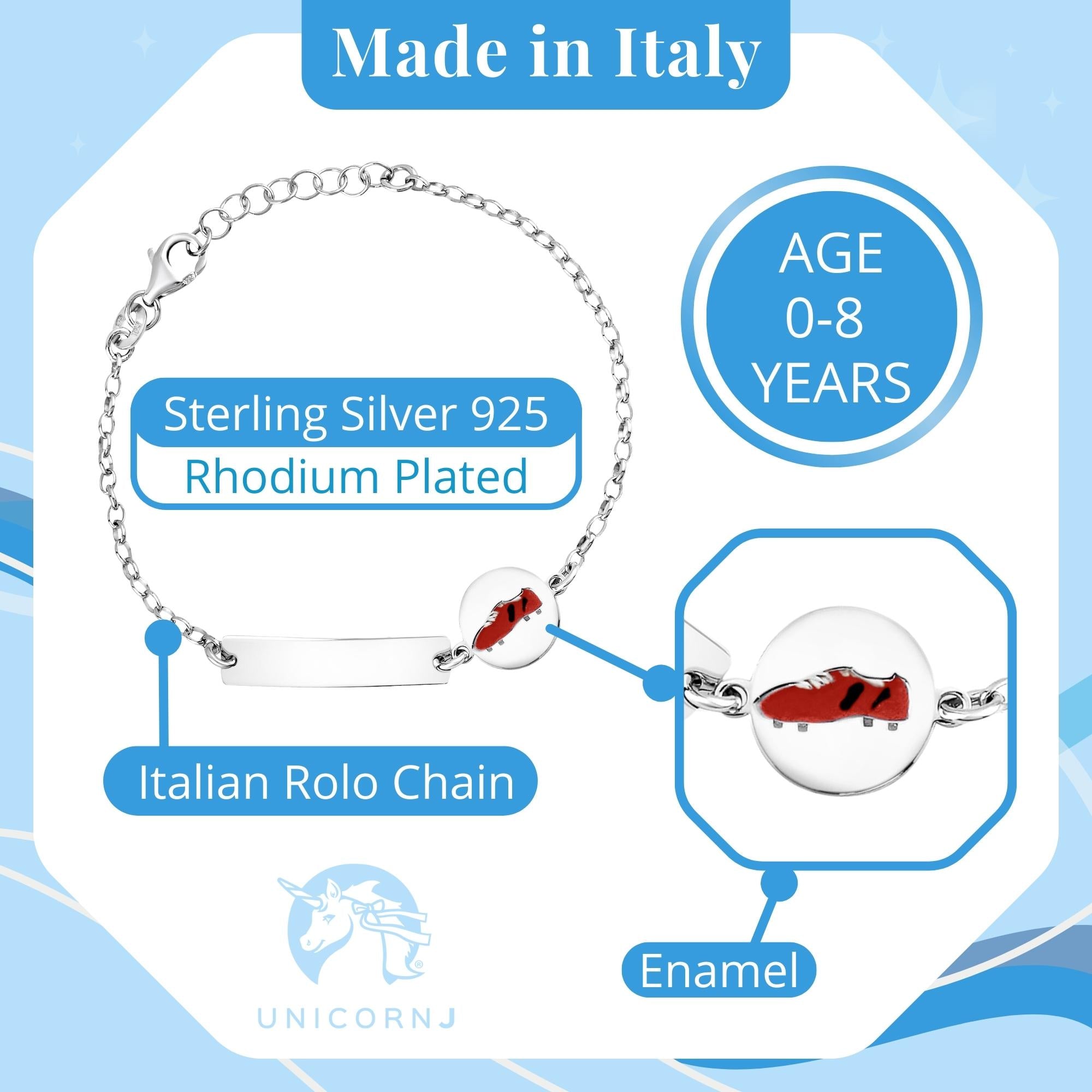 UNICORNJ Sterling Silver 925 Engravable ID Bracelet for Boys Girls Sports Enamel Rolo Chain 6.5"