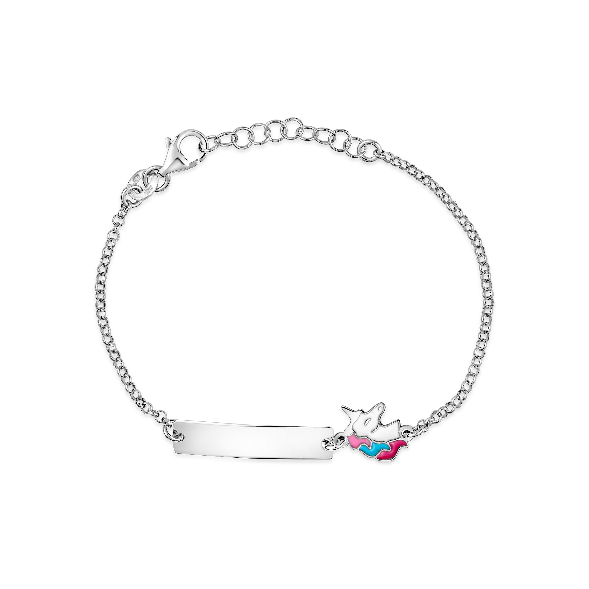 UNICORNJ Sterling Silver 925 Engravable ID Bracelet Rolo Chain for Girls Boys with Enamel 6.5"