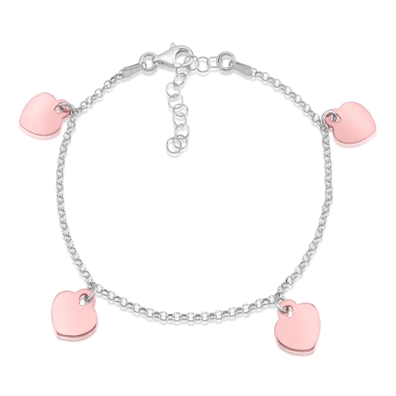 Sterling Silver Rose Gold High Polished Heart Charm Bracelet Rolo Chain 8"
