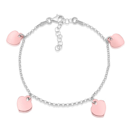 Sterling Silver Rose Gold High Polished Heart Charm Bracelet Rolo Chain 8"