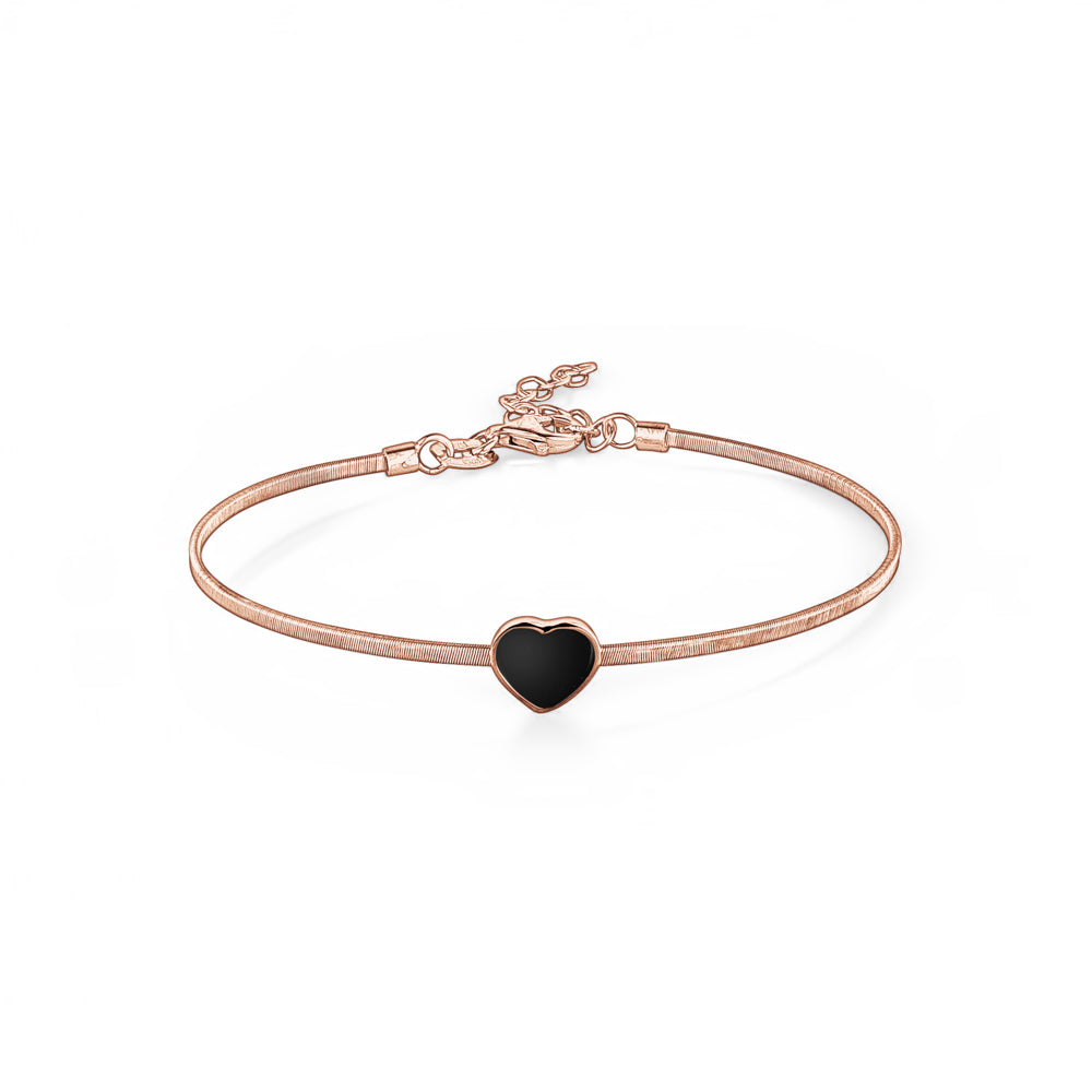 Sterling Silver Wire Bracelet Bangle Heart with Onyx  Inlay 7"