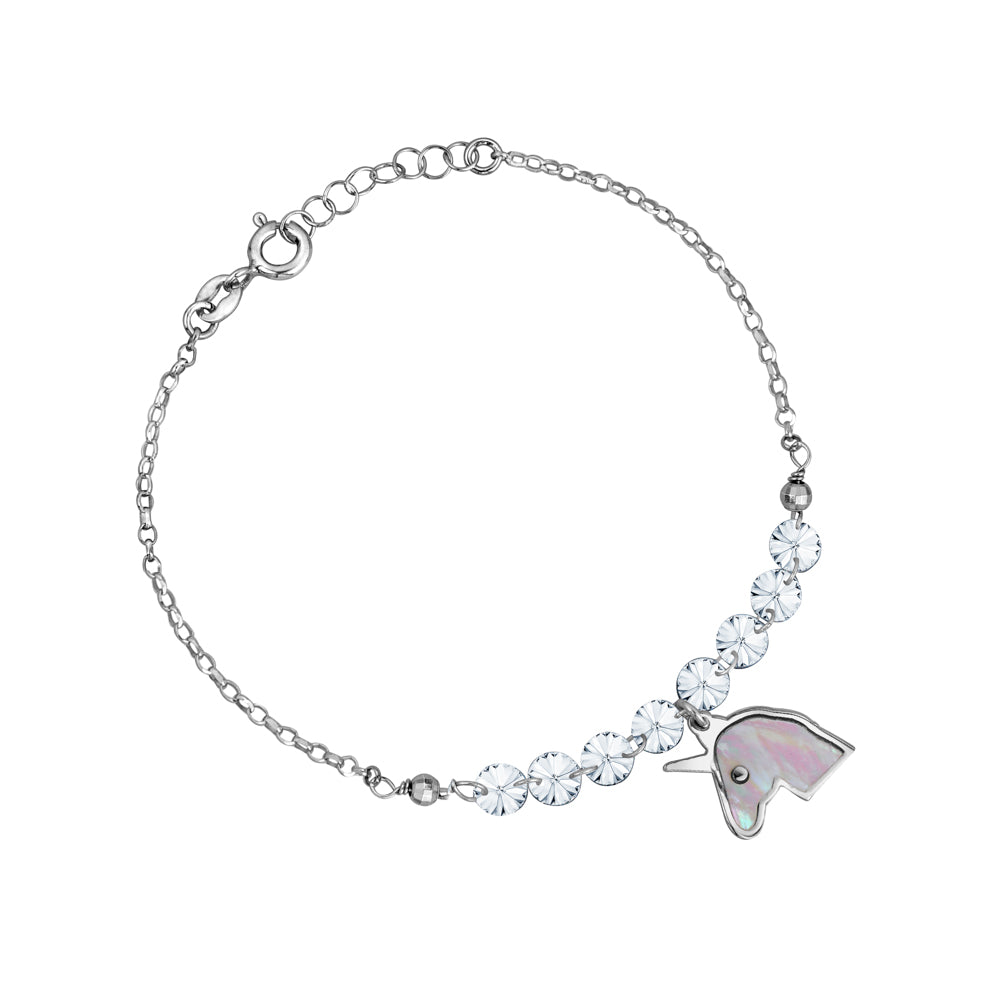 Sterling Silver Unicorn Bracelet with Mother of Pearl Inlay and Diamond Crystals 7.5"