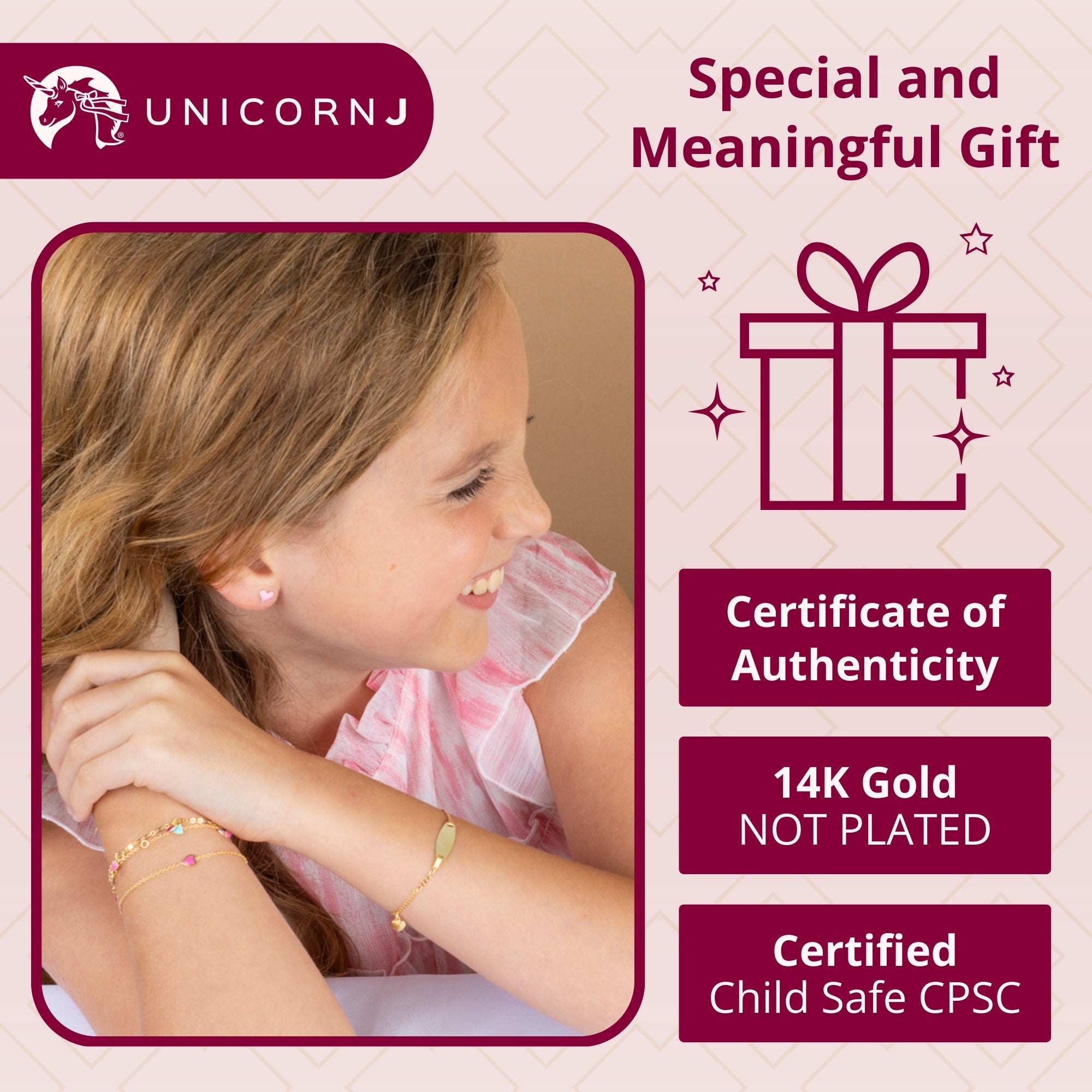 14k Gold ID Bracelet Engravable Girls Boys Kids Baby Gold Heart Charm Curb Chain Made in Italy